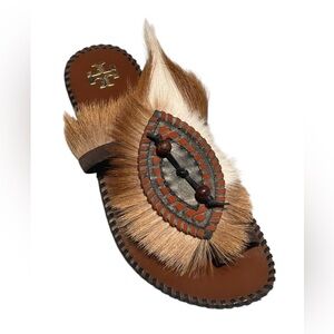 Tory Burch Phoenix Flat Slide Sandal Leather And Animal Hair Size 6.5